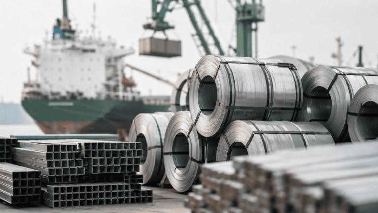 Industriehafen mit Frachtgütern, die unter den CBAM-CO2-Grenzausgleich fallen