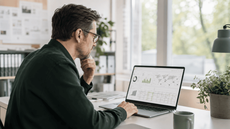 Unternehmer berechnet Scope am PC